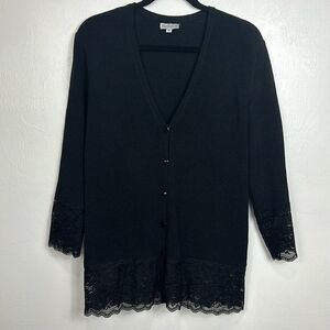Ball Of Cotton Lace Trim Long Sleeve Button Cardigan Sweater Size L